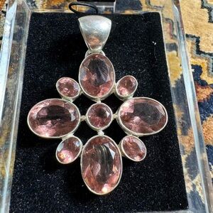 925 Sterling Silver Pink Tourmaline Cross Pendant Statement Piece Vintage